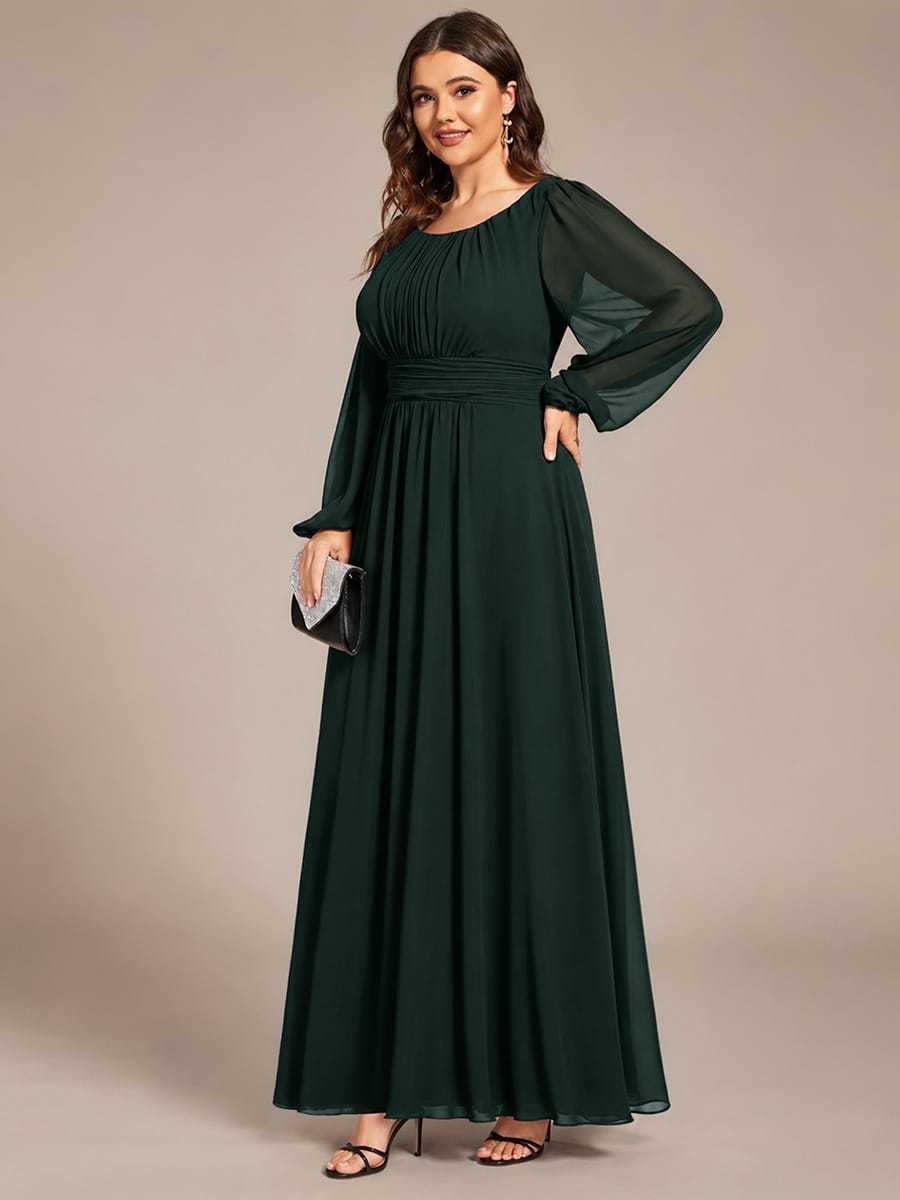 Plus Size Sheer Long Sleeve Pleated Floor Length Bridesmaid Dress #color_Dark Forest Green