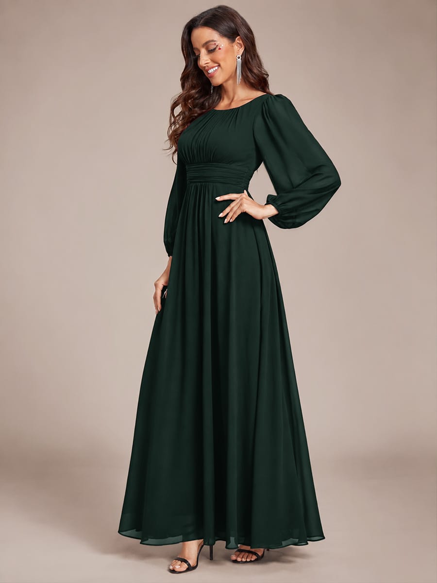 Chiffon Long Sleeve Pleated Floor Length Bridesmaid Dress #color_Dark Forest Green