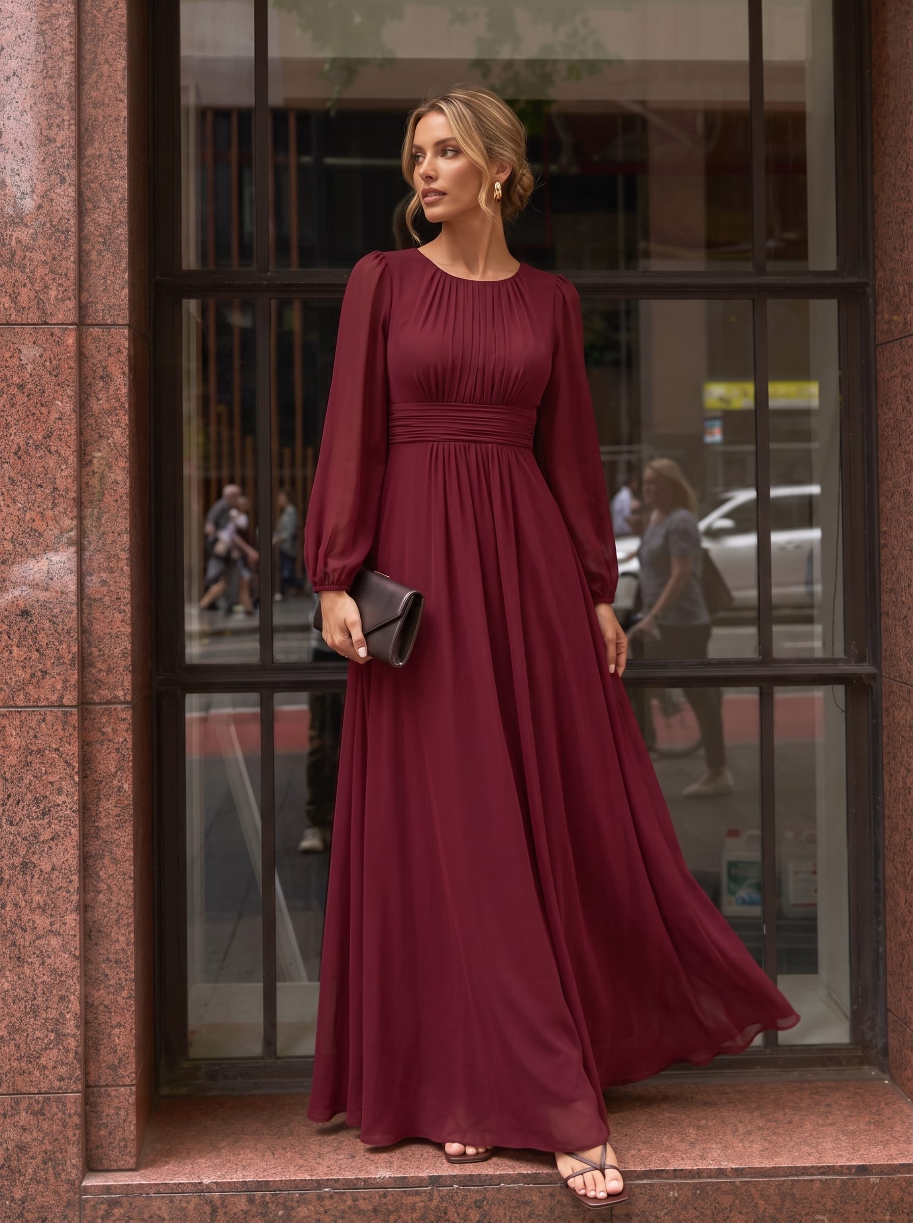 Chiffon Long Sleeve Pleated Floor Length Bridesmaid Dress #color_Burgundy