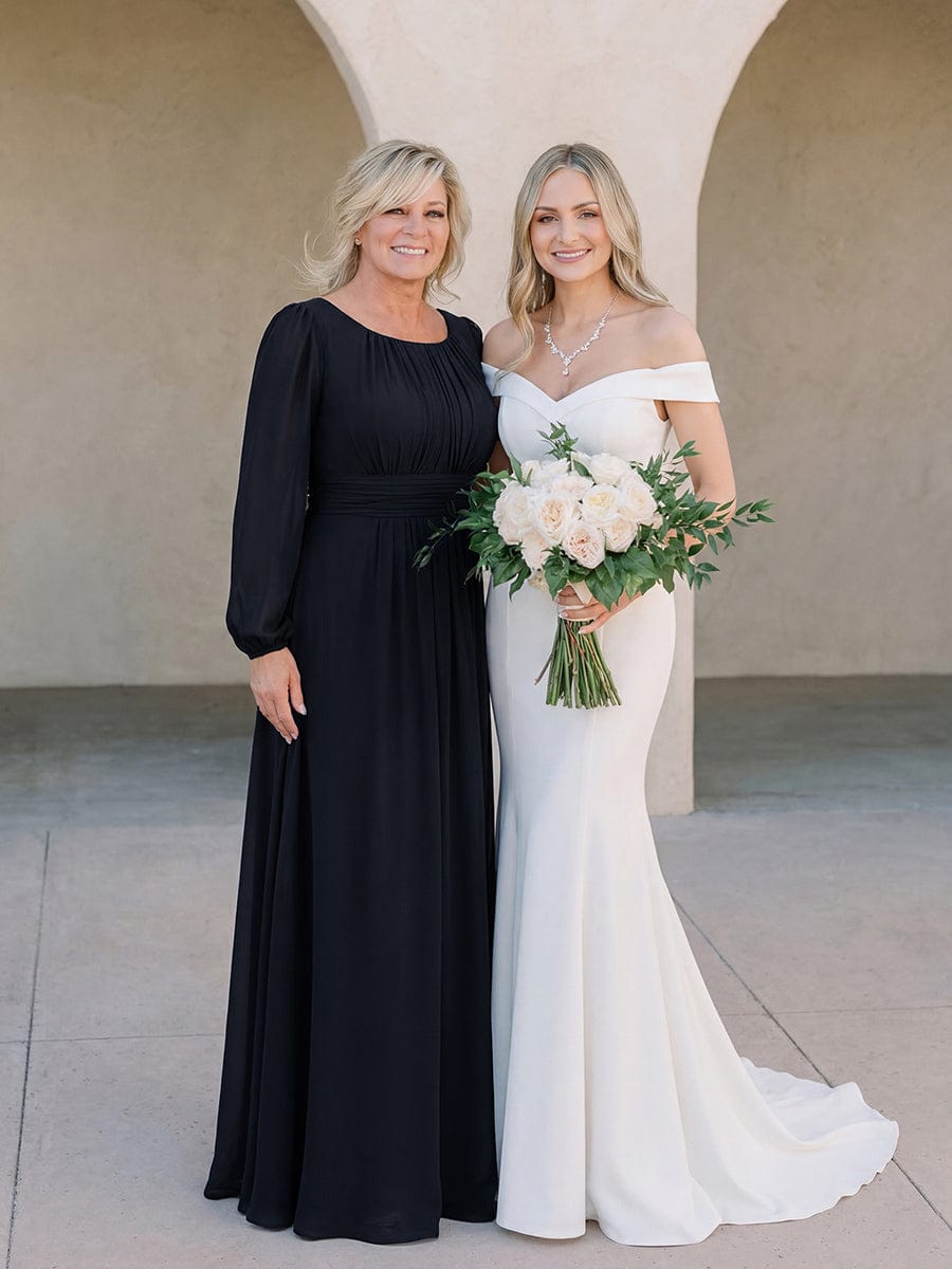 Chiffon Long Sleeve Pleated Floor Length Bridesmaid Dress #color_Black