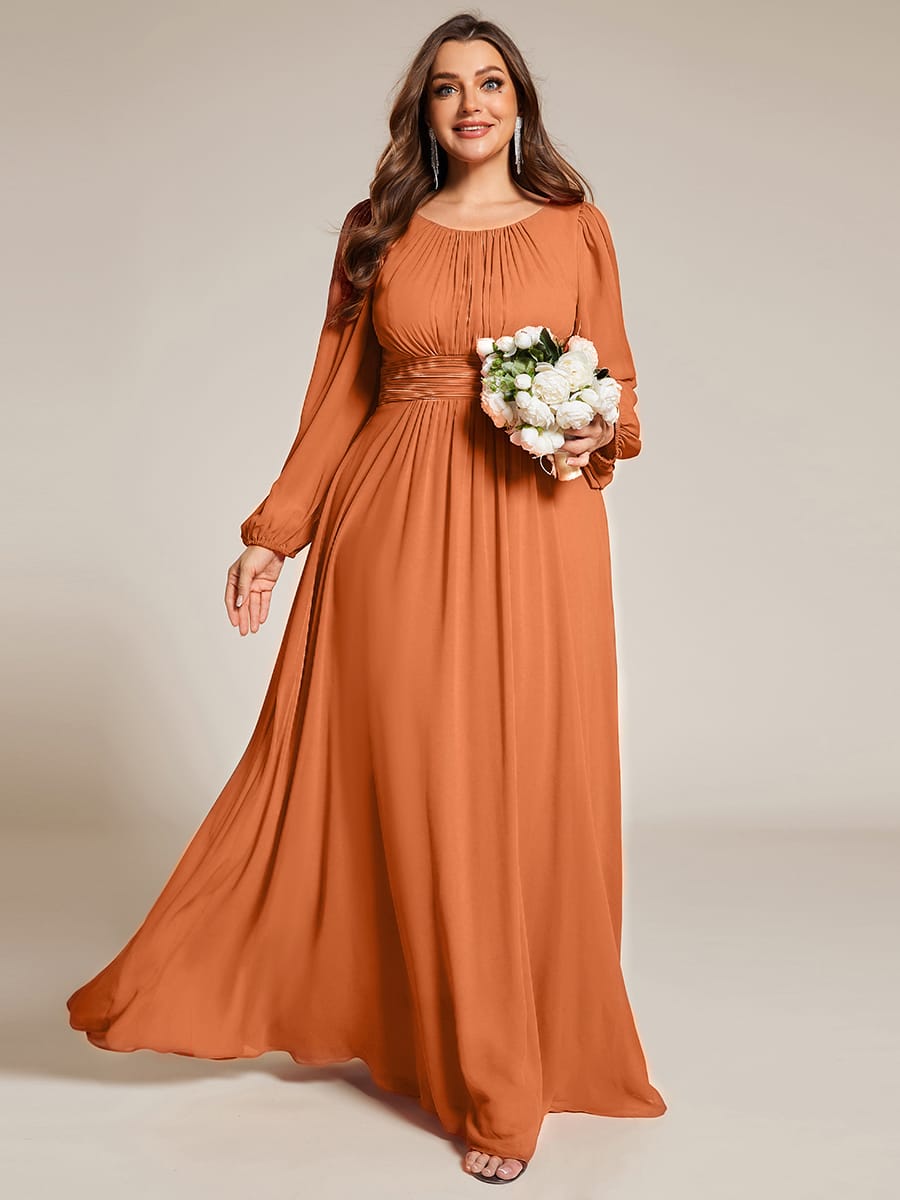 Chiffon Long Sleeve Pleated Floor Length Bridesmaid Dress #color_Brandied Melon