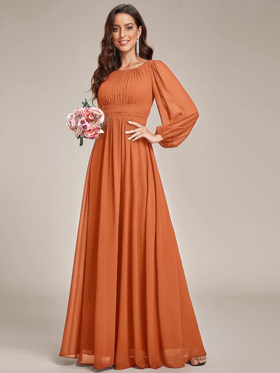 Chiffon Long Sleeve Pleated Floor Length Bridesmaid Dress #color_Brandied Melon
