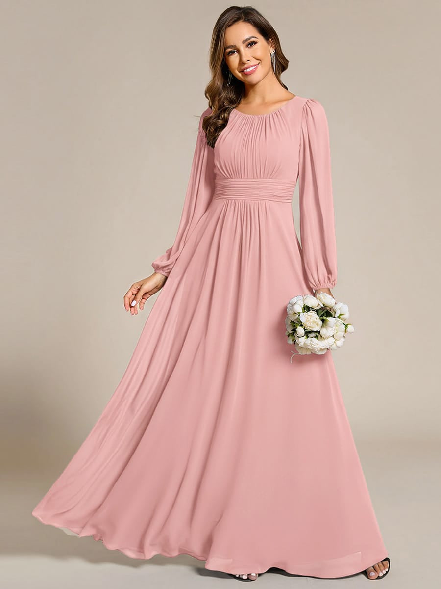 Chiffon Long Sleeve Pleated Floor Length Bridesmaid Dress #color_Dusty Rose