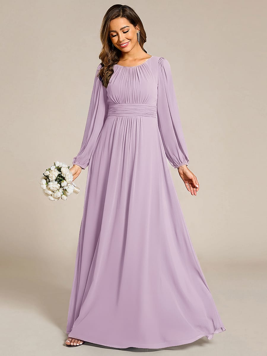 Chiffon Long Sleeve Pleated Floor Length Bridesmaid Dress #color_Frosted Lilac
