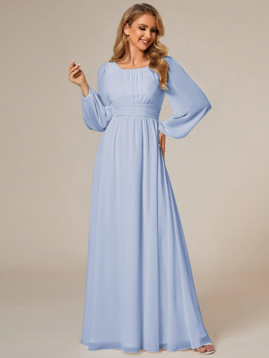 Chiffon Long Sleeve Pleated Floor Length Bridesmaid Dress #color_Ice Blue