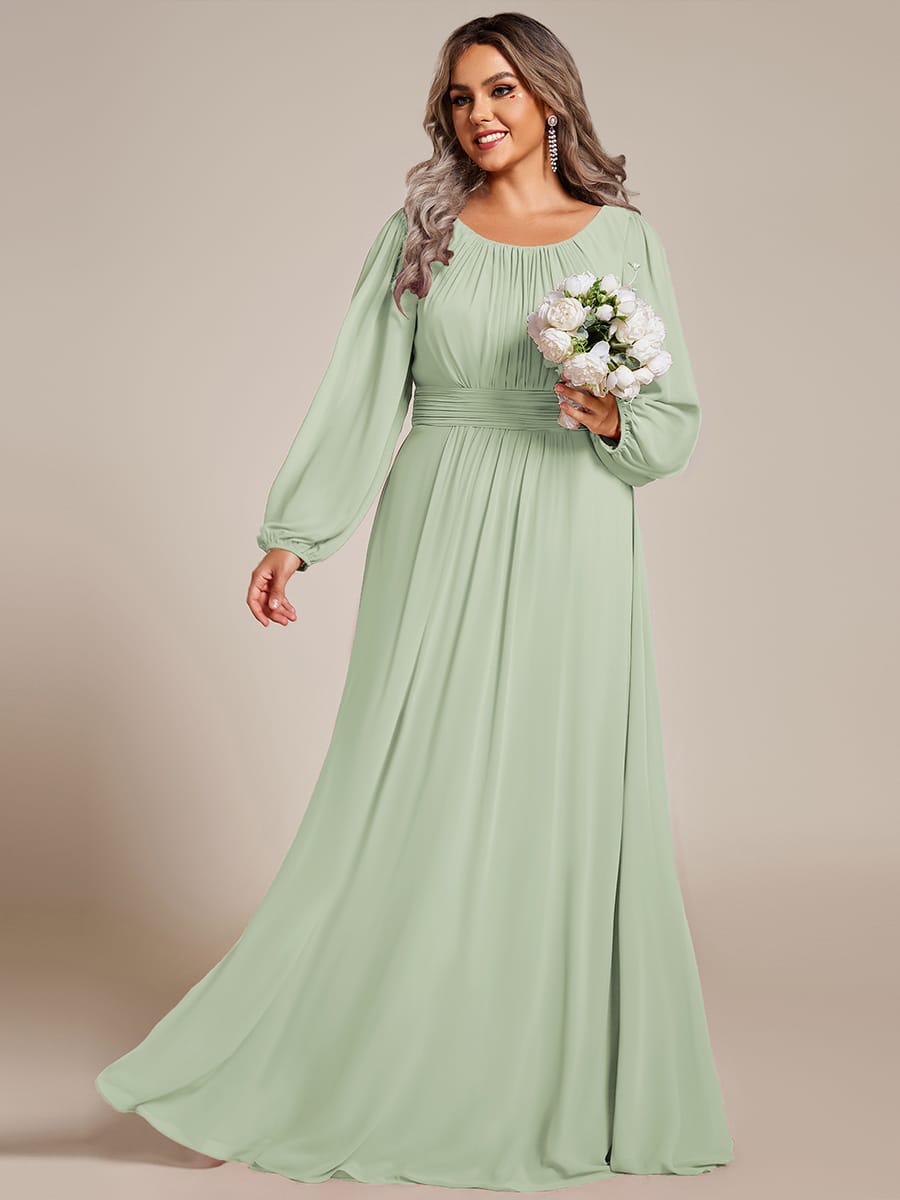 Chiffon Long Sleeve Pleated Floor Length Bridesmaid Dress #color_Mint Green
