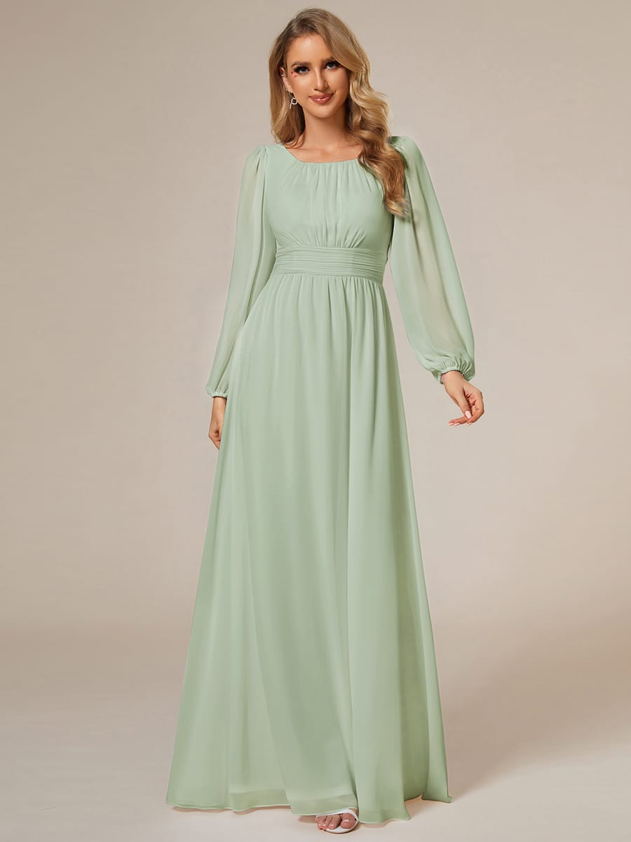 Chiffon Long Sleeve Pleated Floor Length Bridesmaid Dress #color_Mint Green
