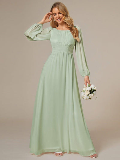 Chiffon Long Sleeve Pleated Floor Length Bridesmaid Dress #color_Mint Green