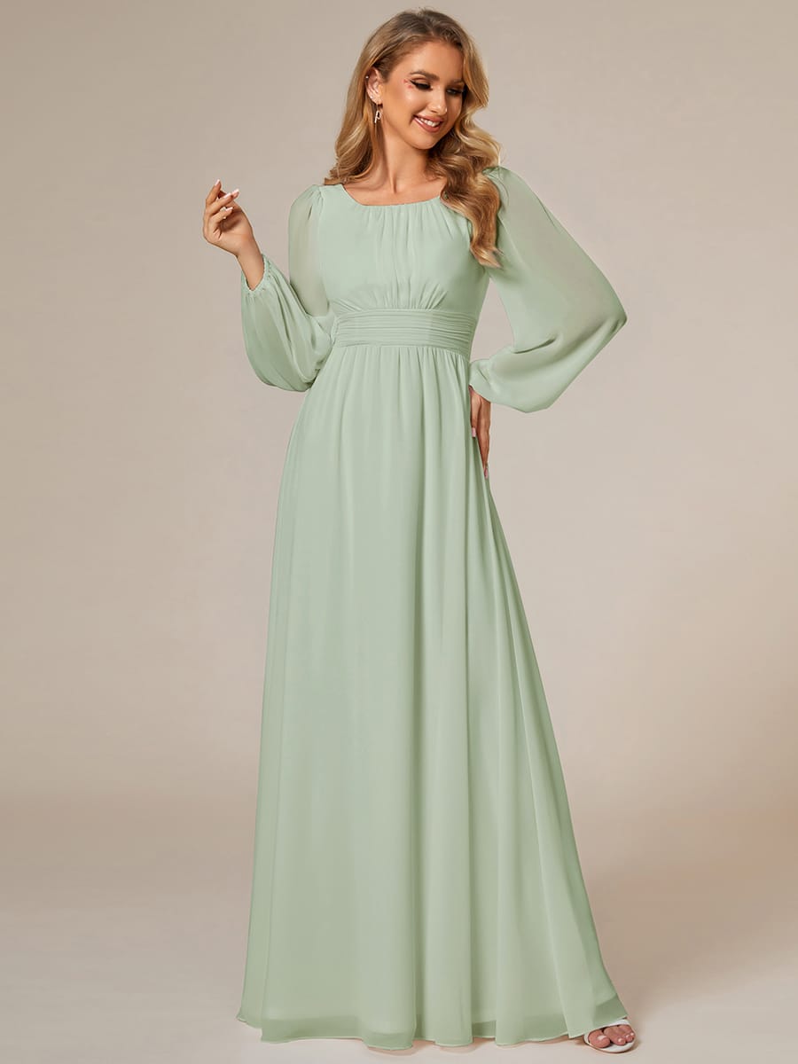 Chiffon Long Sleeve Pleated Floor Length Bridesmaid Dress #color_Mint Green
