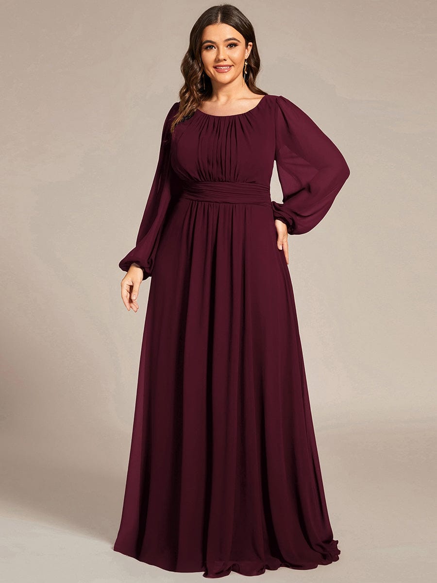 Chiffon Long Sleeve Pleated Floor Length Bridesmaid Dress in Dusty Blue #color_Mulberry