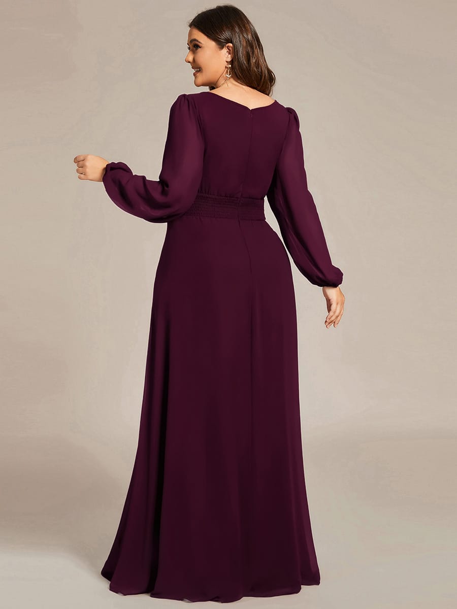 Chiffon Long Sleeve Pleated Floor Length Bridesmaid Dress #color_Mulberry
