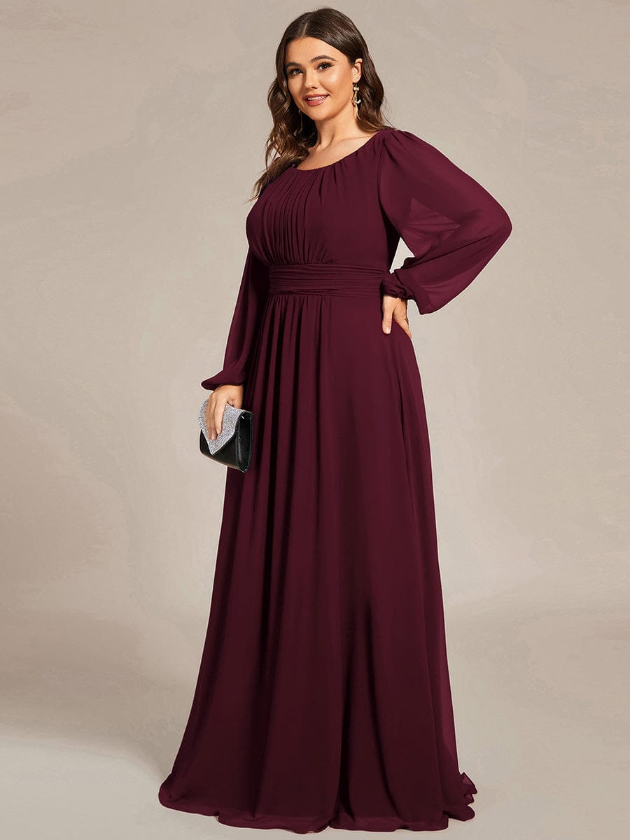 Chiffon Long Sleeve Pleated Floor Length Bridesmaid Dress in Dusty Blue #color_Mulberry