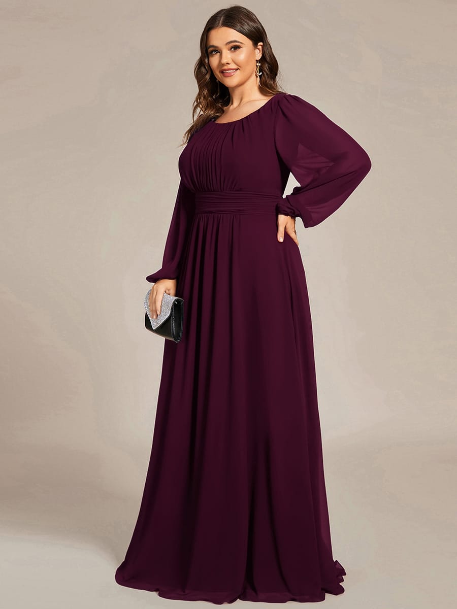 Chiffon Long Sleeve Pleated Floor Length Bridesmaid Dress #color_Mulberry