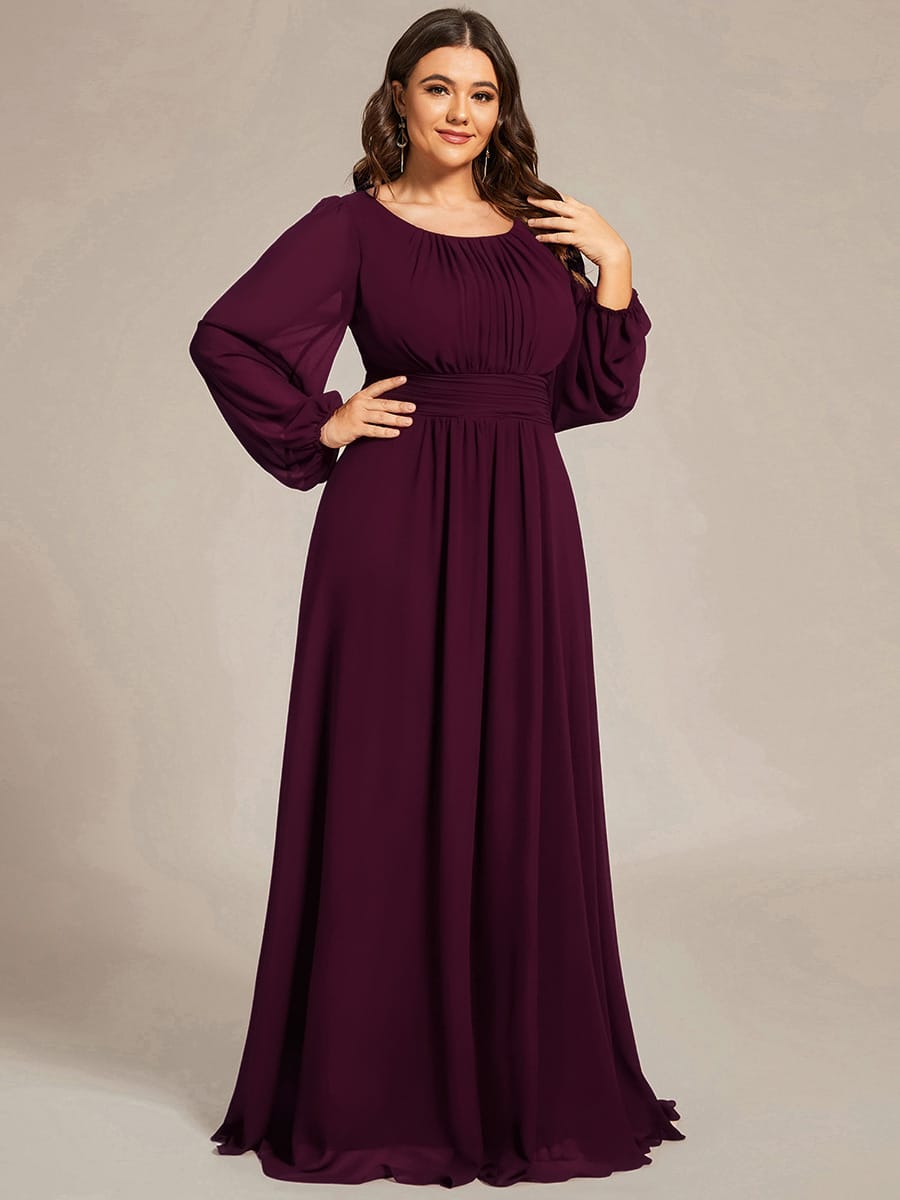 Chiffon Long Sleeve Pleated Floor Length Bridesmaid Dress #color_Mulberry