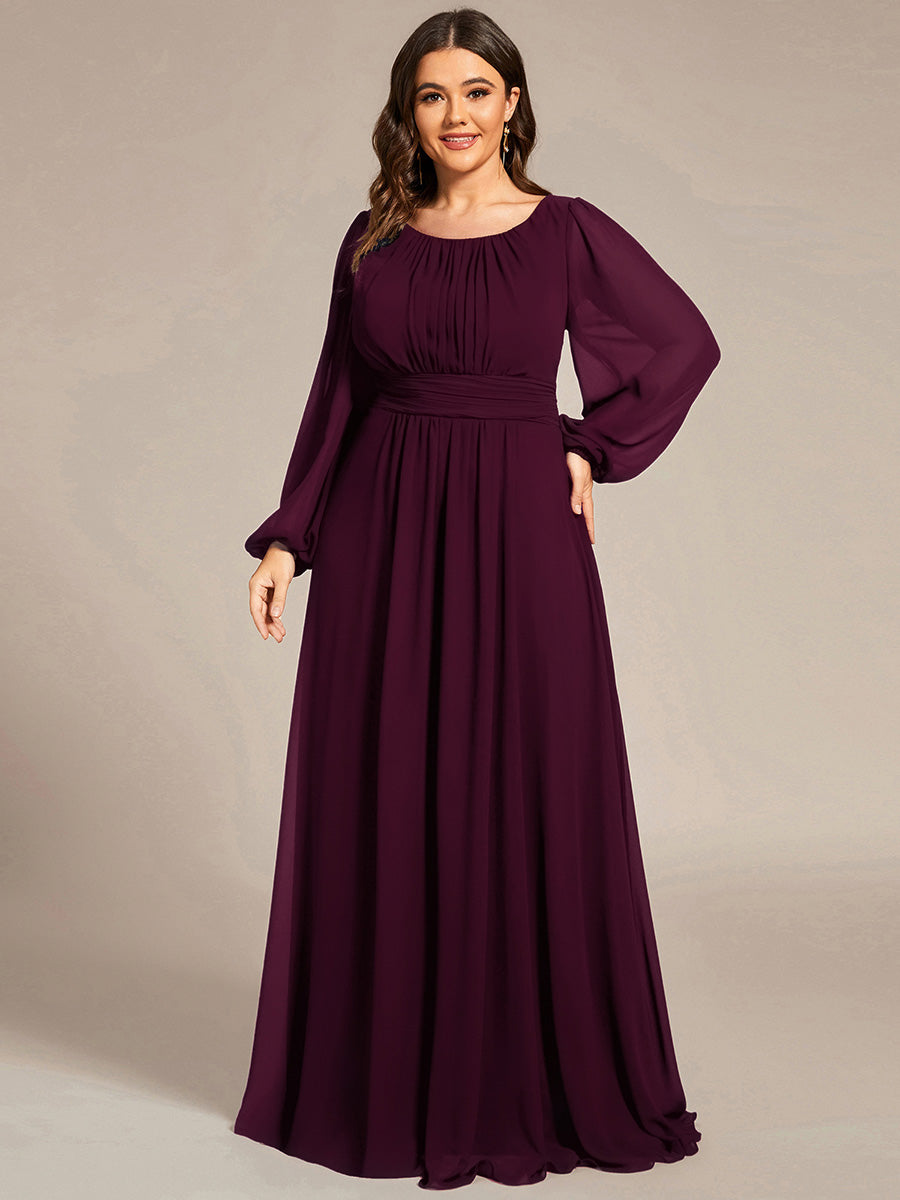 Plus Size Sheer Long Sleeve Pleated Floor Length Bridesmaid Dress #color_Mulberry