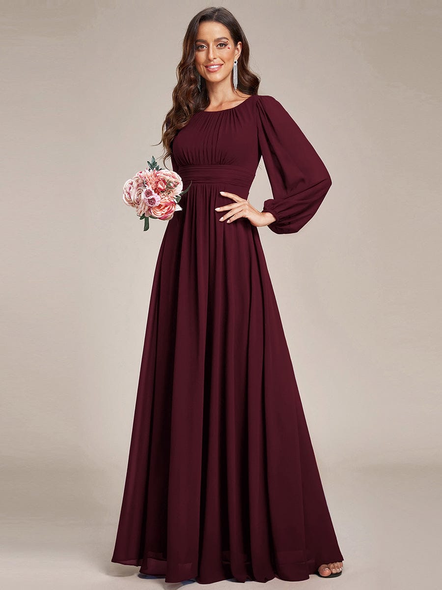 Chiffon Long Sleeve Pleated Floor Length Bridesmaid Dress in Dusty Blue #color_Mulberry