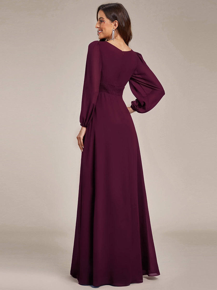 Chiffon Long Sleeve Pleated Floor Length Bridesmaid Dress #color_Mulberry