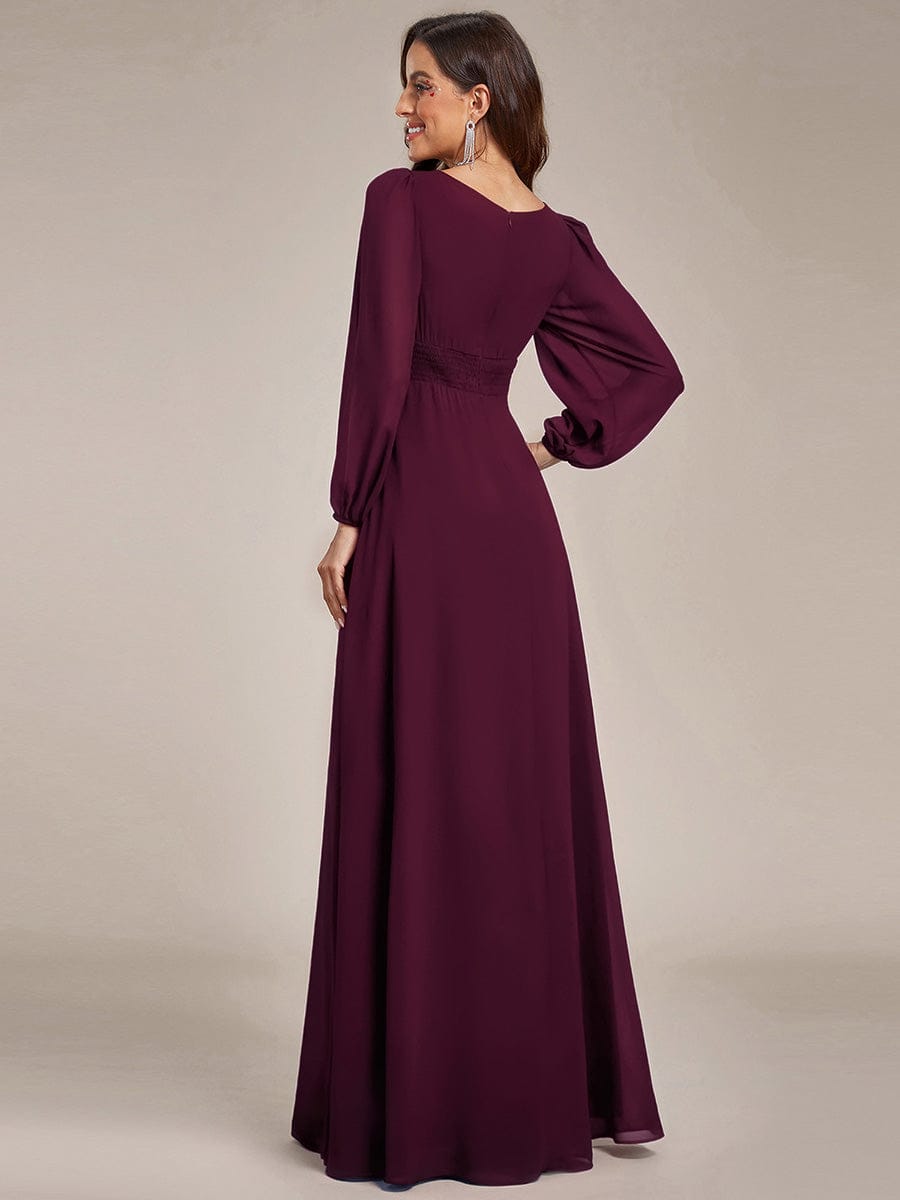 Chiffon Long Sleeve Pleated Floor Length Bridesmaid Dress #color_Mulberry