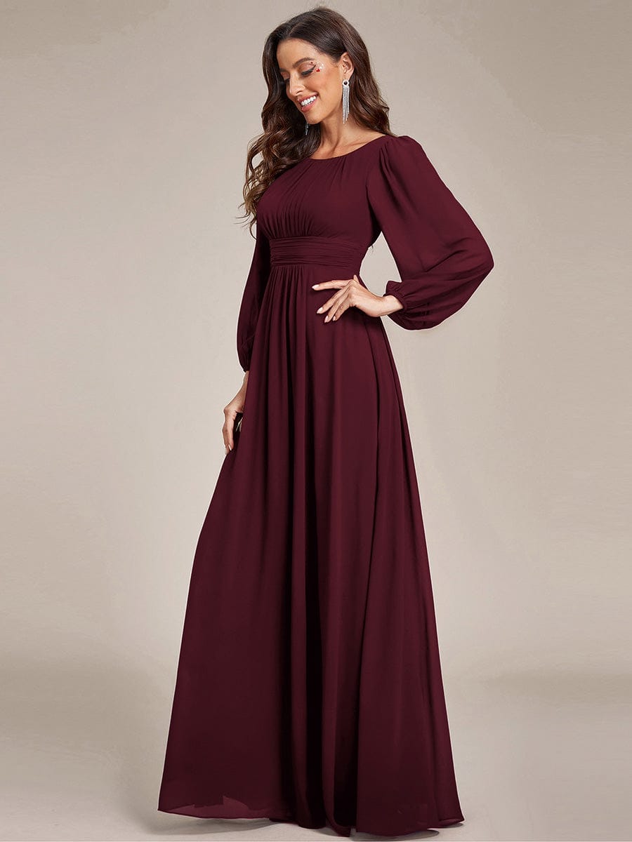 Chiffon Long Sleeve Pleated Floor Length Bridesmaid Dress in Dusty Blue #color_Mulberry