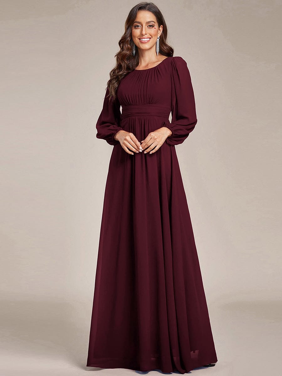 Chiffon Long Sleeve Pleated Floor Length Bridesmaid Dress in Dusty Blue #color_Mulberry