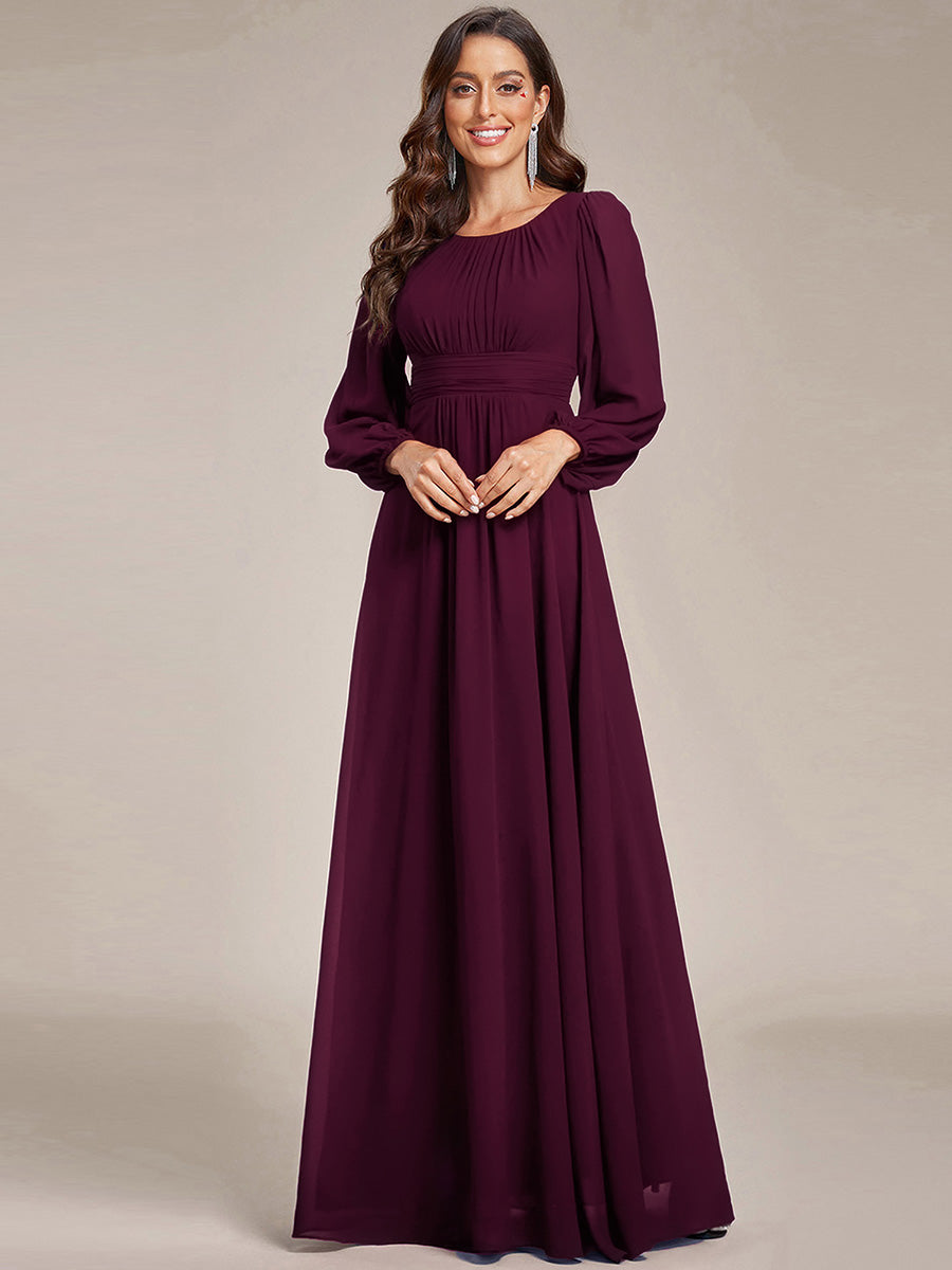 Chiffon Long Sleeve Pleated Floor Length Bridesmaid Dress #color_Mulberry