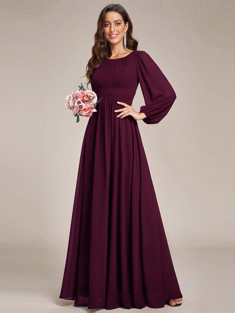 Chiffon Long Sleeve Pleated Floor Length Bridesmaid Dress #color_Mulberry