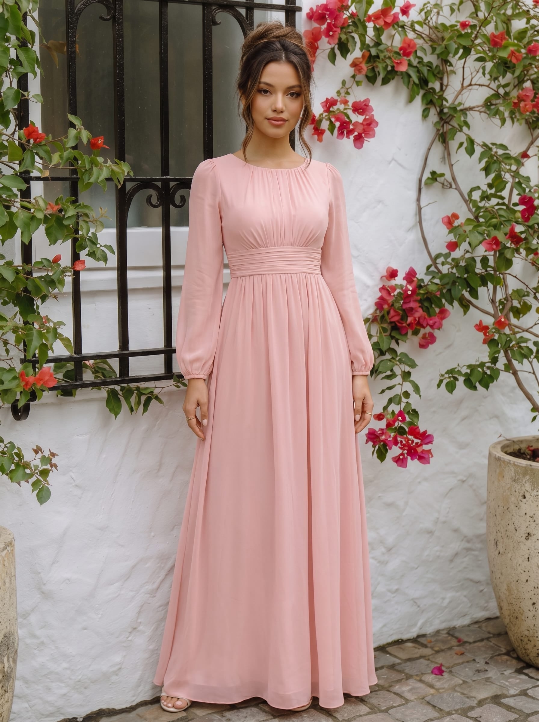 Chiffon Long Sleeve Pleated Floor Length Bridesmaid Dress #color_Pink