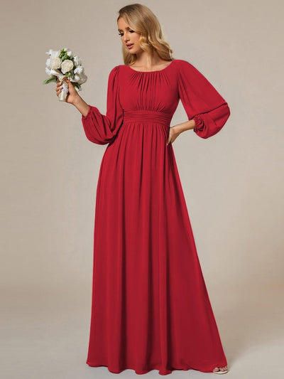 Chiffon Long Sleeve Pleated Floor Length Bridesmaid Dress #color_Red