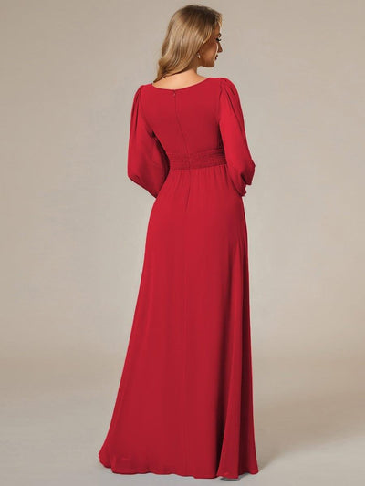Chiffon Long Sleeve Pleated Floor Length Bridesmaid Dress #color_Red