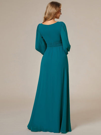 Chiffon Long Sleeve Pleated Floor Length Bridesmaid Dress #color_Teal