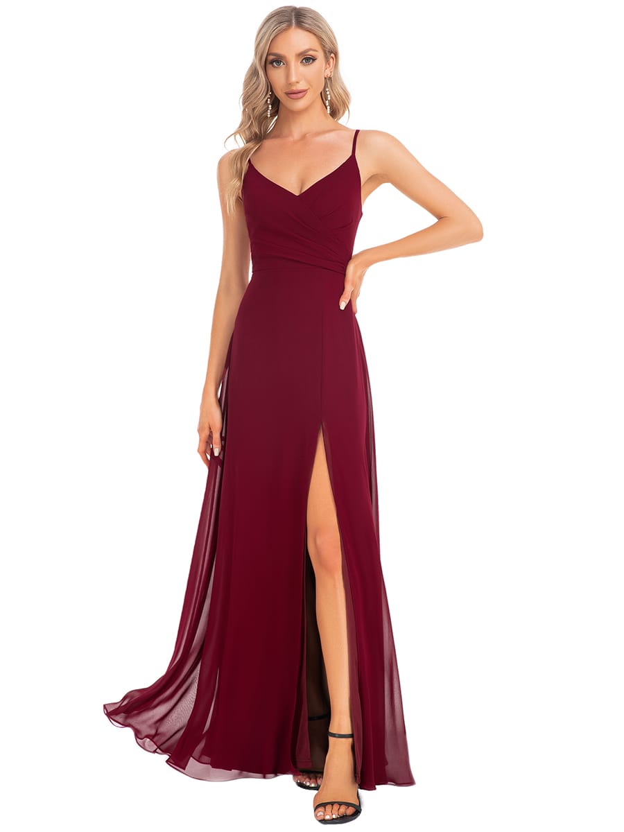 Spaghetti Strap Pleated V-Neck High Slit Bridesmaid Dress #color_Burgundy