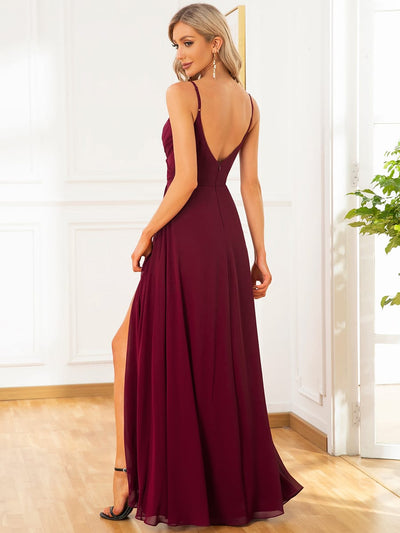 ever RENÉ|Spaghetti Strap Pleated V-Neck High Slit Bridesmaid Dress