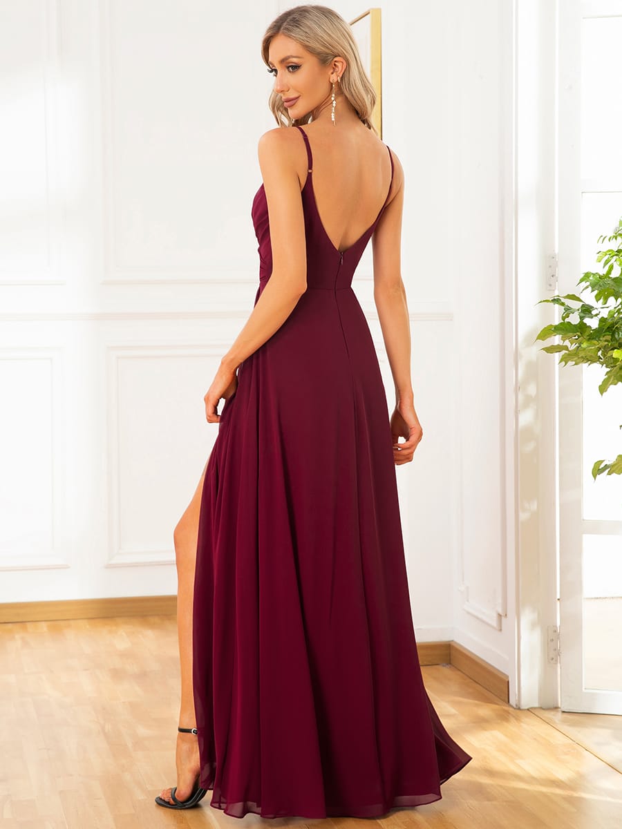 Spaghetti Strap Pleated V-Neck High Slit Bridesmaid Dress #color_Burgundy