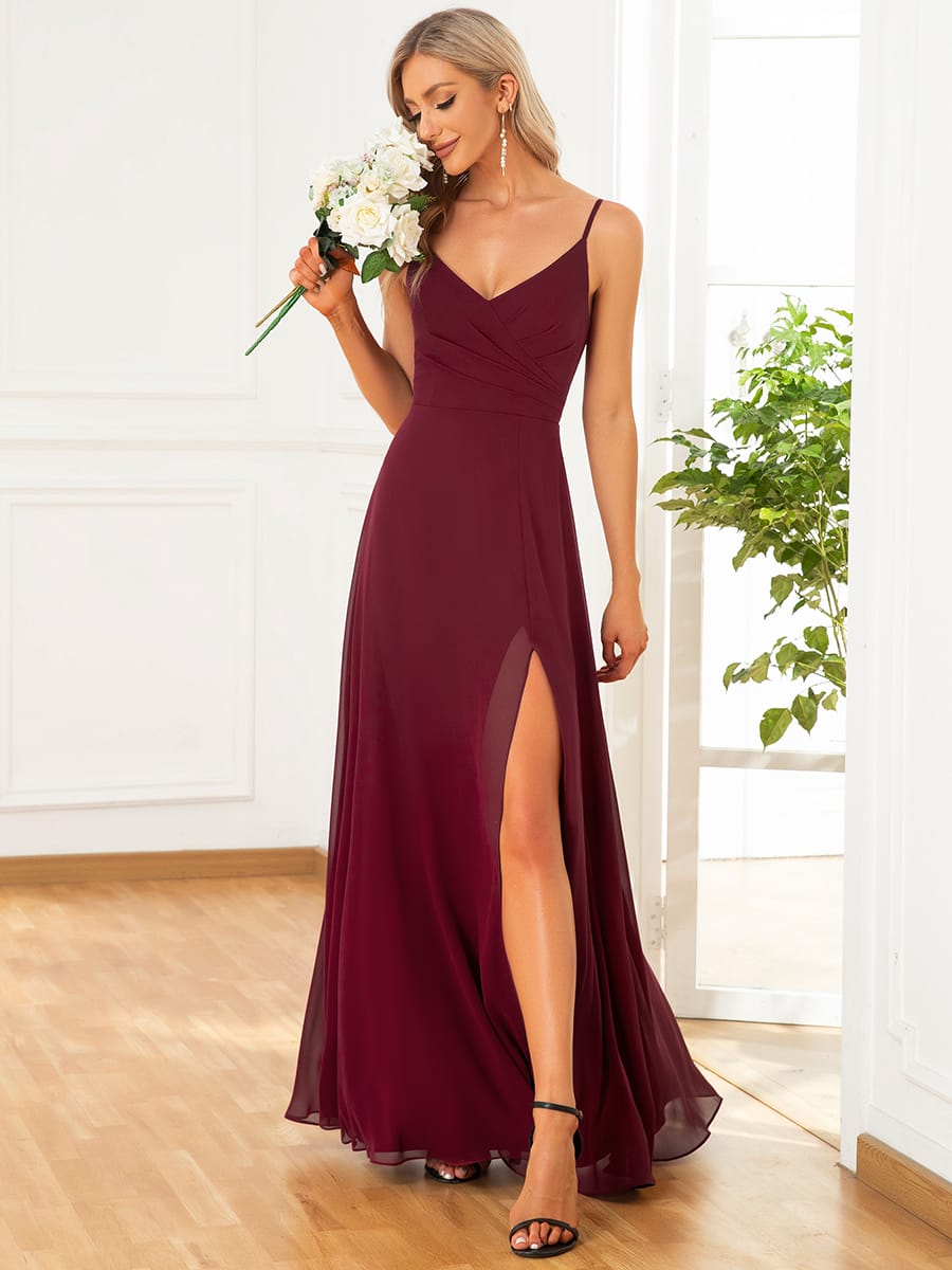 Spaghetti Strap Pleated V-Neck High Slit Bridesmaid Dress #color_Burgundy