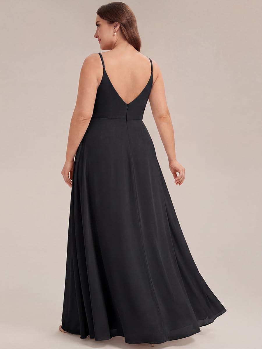 Spaghetti Strap Pleated V-Neck High Slit Bridesmaid Dress #color_Black