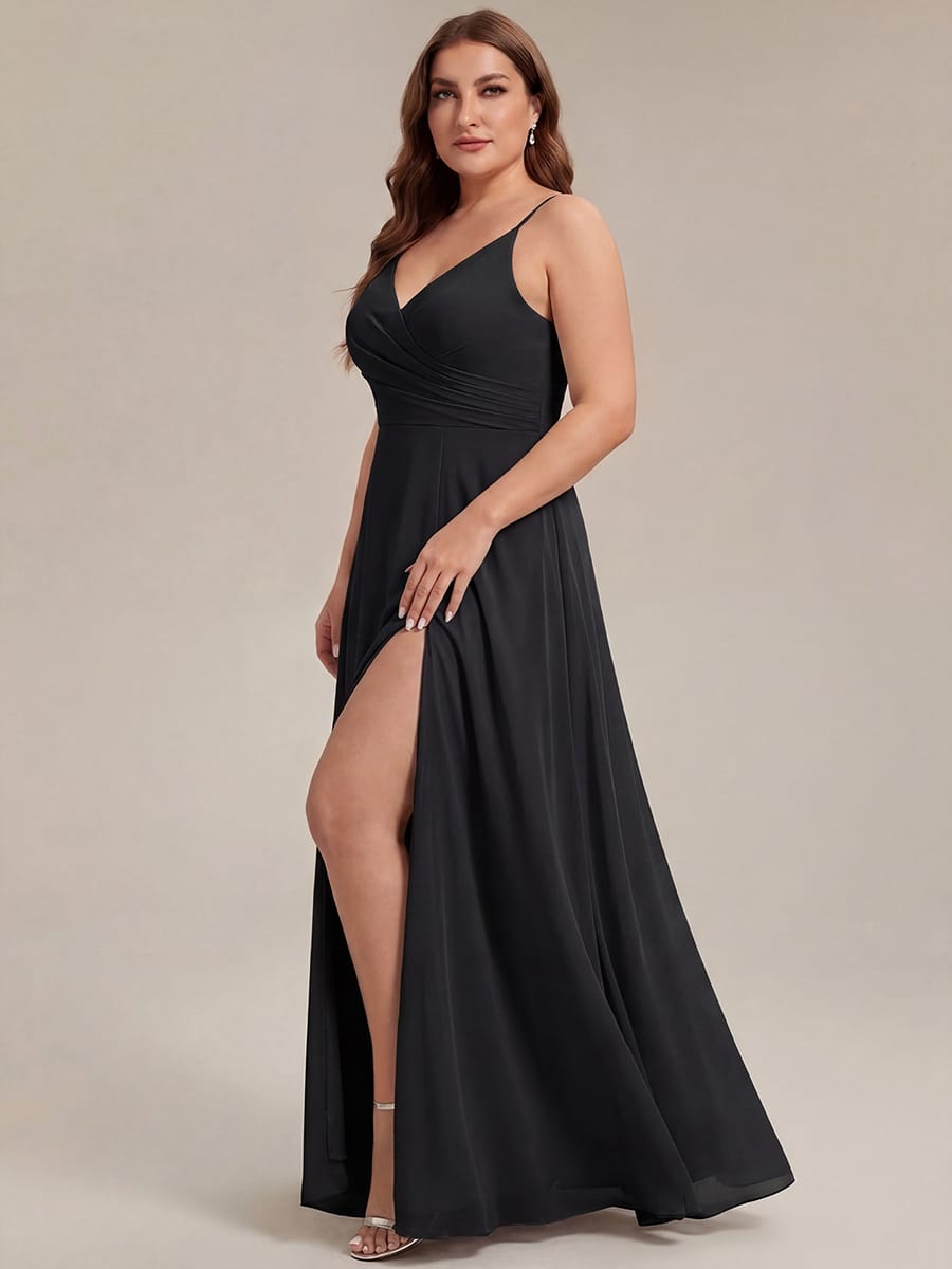 Spaghetti Strap Pleated V-Neck High Slit Bridesmaid Dress #color_Black