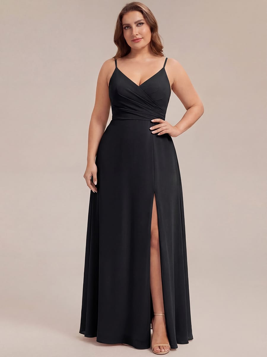 Spaghetti Strap Pleated V-Neck High Slit Bridesmaid Dress #color_Black