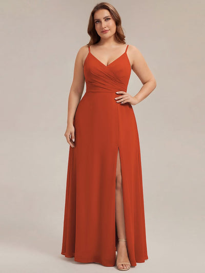 ever RENÉ|Spaghetti Strap Pleated V-Neck High Slit Bridesmaid Dress