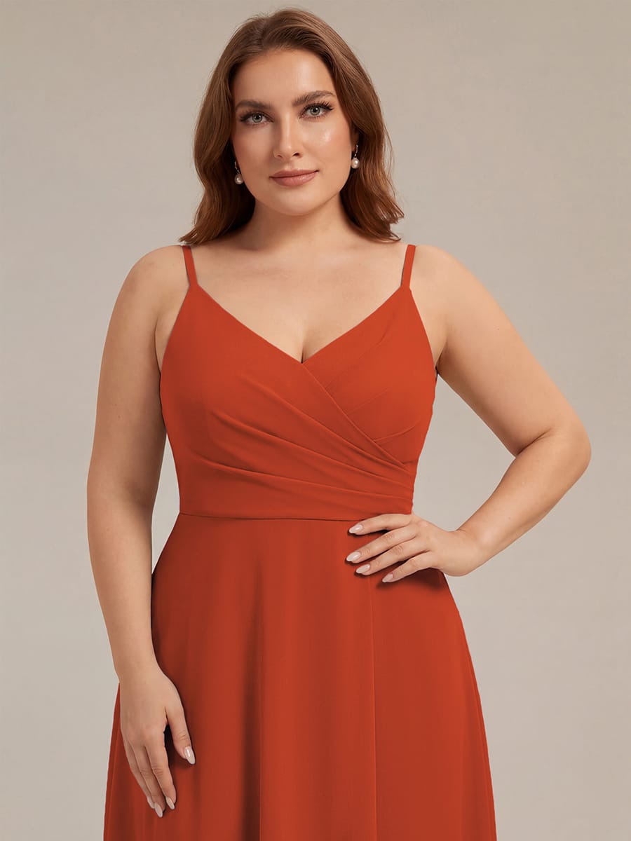 Spaghetti Strap Pleated V-Neck High Slit Bridesmaid Dress #color_Burnt Orange