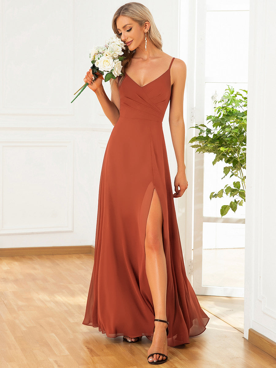 Spaghetti Strap Pleated V-Neck High Slit Bridesmaid Dress #color_Burnt Orange