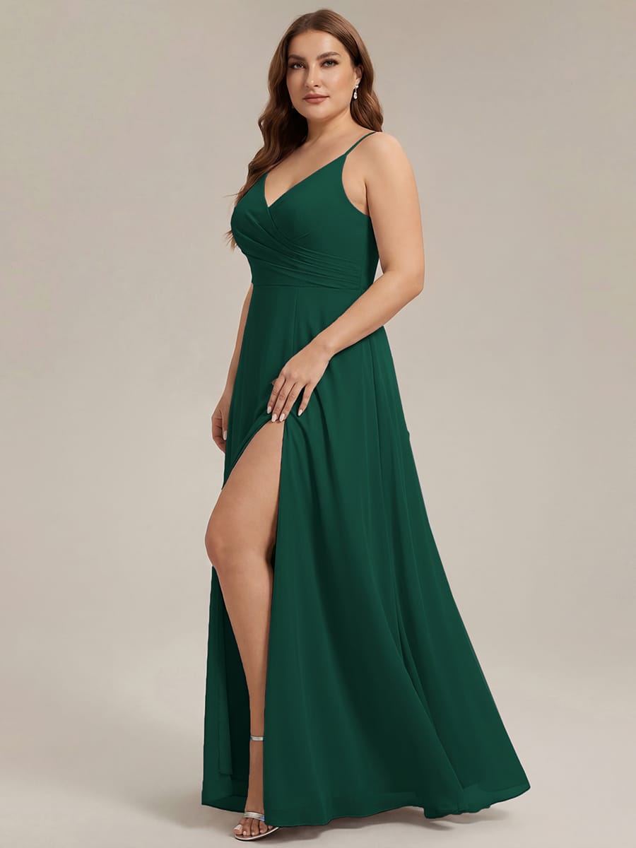 Spaghetti Strap Pleated V-Neck High Slit Bridesmaid Dress #color_Dark Green