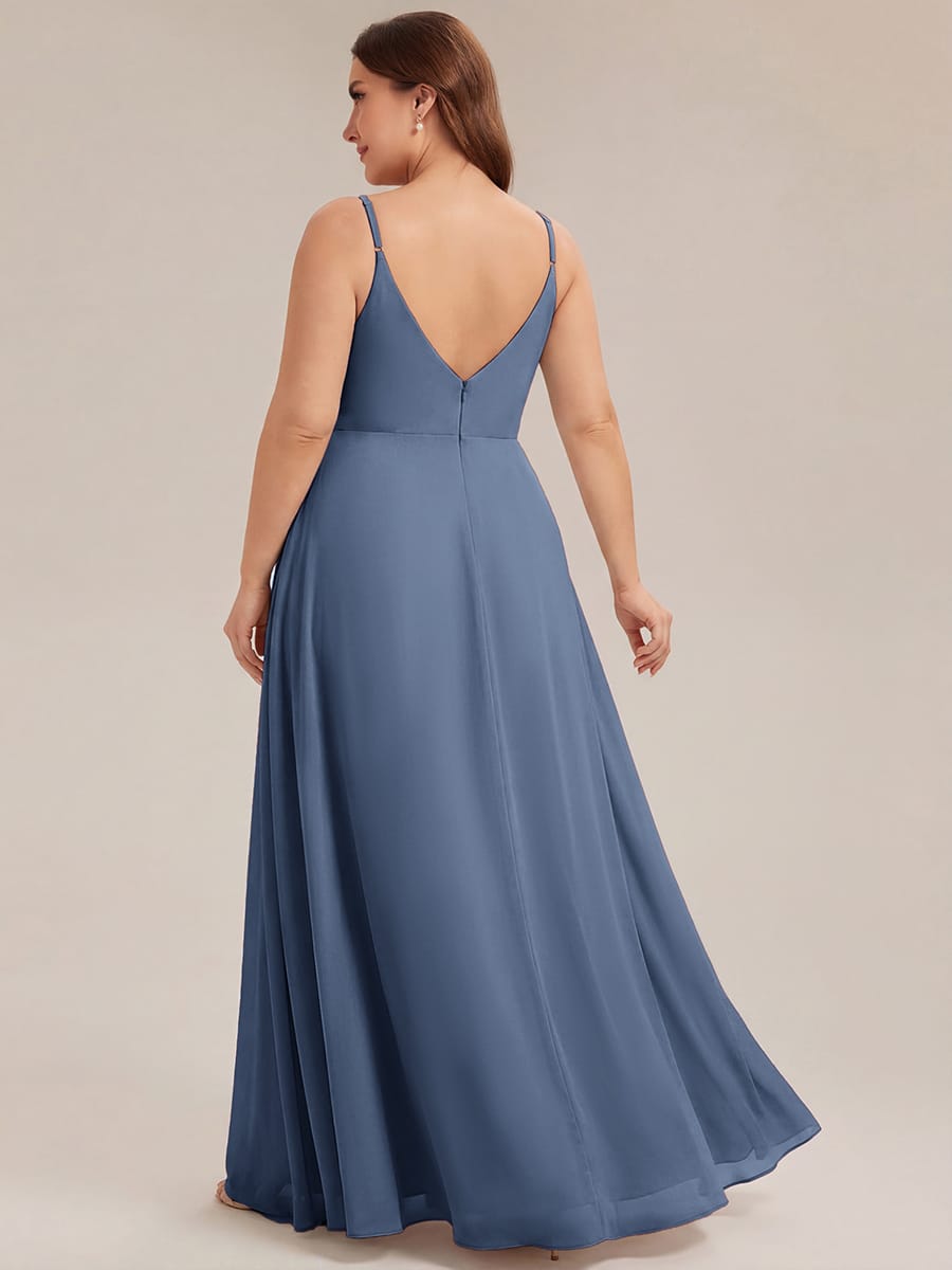 Spaghetti Strap Pleated V-Neck High Slit Bridesmaid Dress #color_Dusty Blue