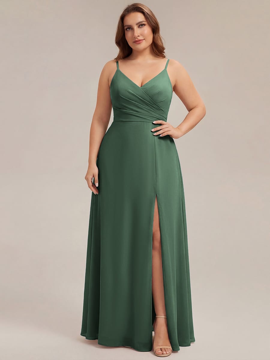 Spaghetti Strap Pleated V-Neck High Slit Bridesmaid Dress #color_Eucalyptus Green