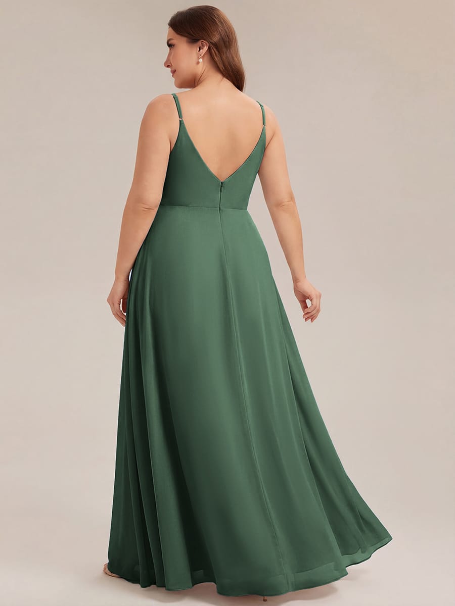 Spaghetti Strap Pleated V-Neck High Slit Bridesmaid Dress #color_Eucalyptus Green