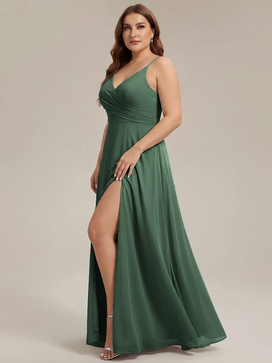Spaghetti Strap Pleated V-Neck High Slit Bridesmaid Dress #color_Eucalyptus Green