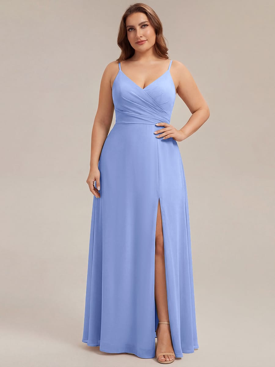 Spaghetti Strap Pleated V-Neck High Slit Bridesmaid Dress #color_Cornflower Blue