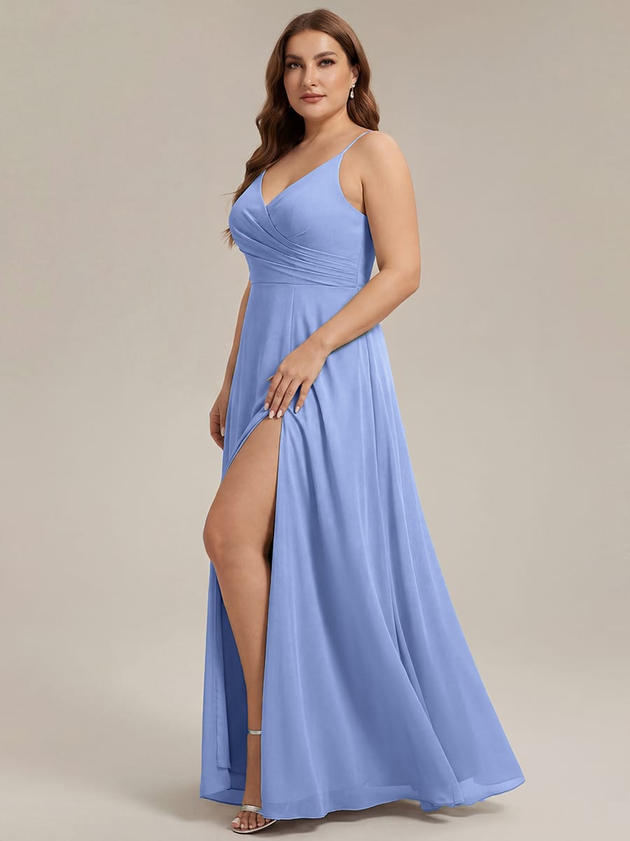 Spaghetti Strap Pleated V-Neck High Slit Bridesmaid Dress #color_Cornflower Blue