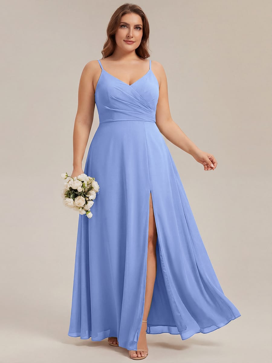 Spaghetti Strap Pleated V-Neck High Slit Bridesmaid Dress #color_Cornflower Blue