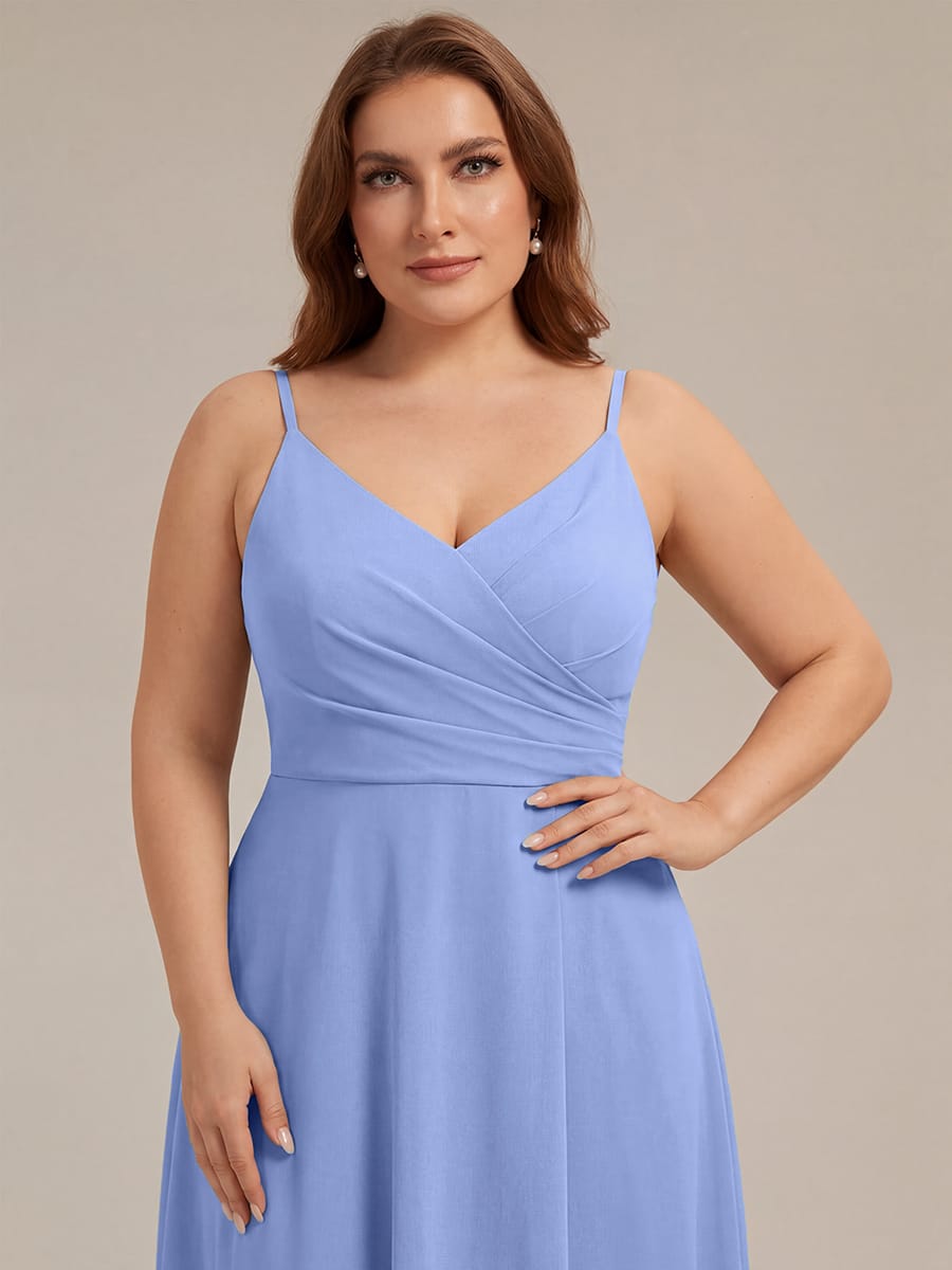 Spaghetti Strap Pleated V-Neck High Slit Bridesmaid Dress #color_Cornflower Blue