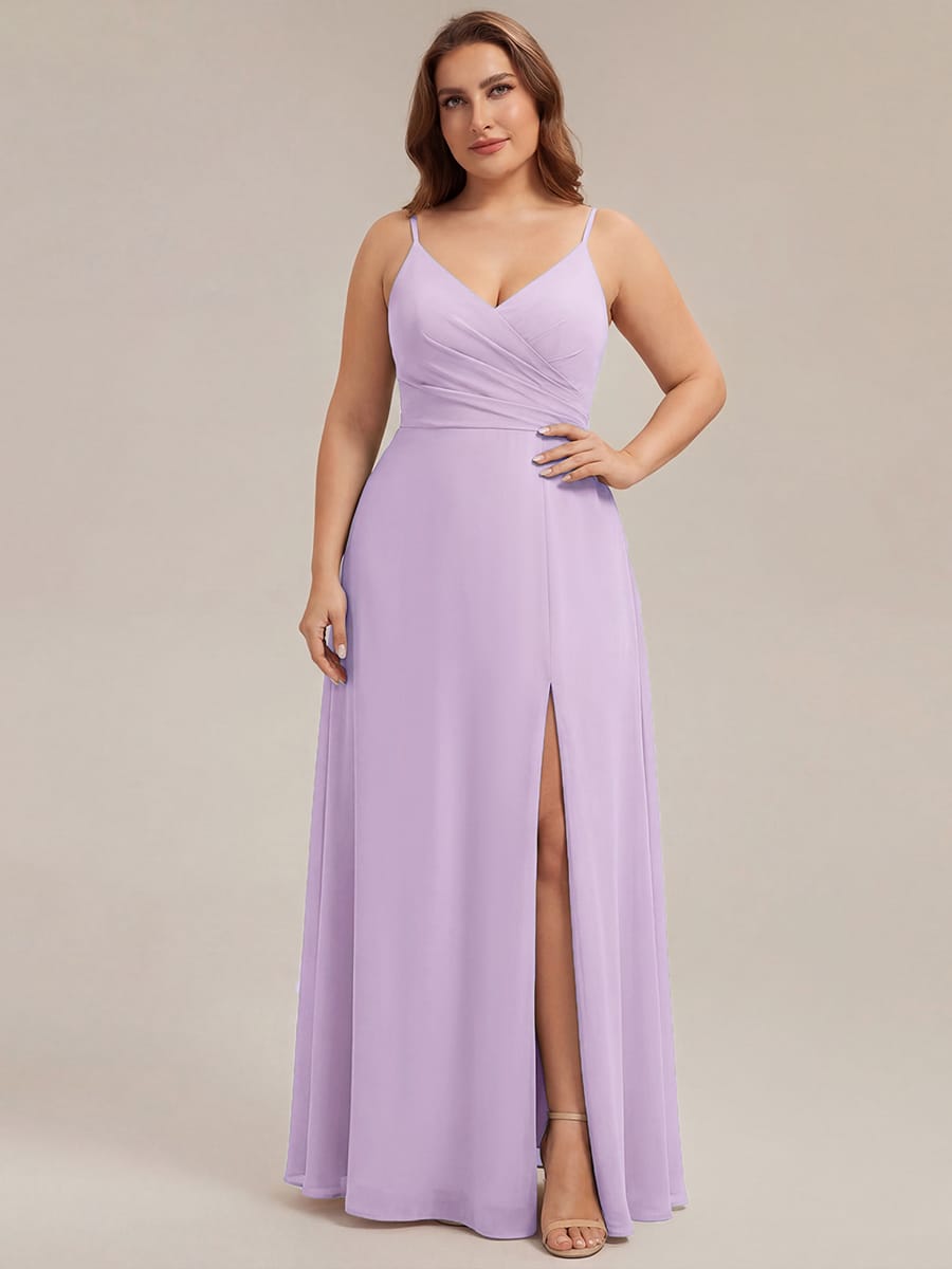 Spaghetti Strap Pleated V-Neck High Slit Bridesmaid Dress #color_Frosted Lilac